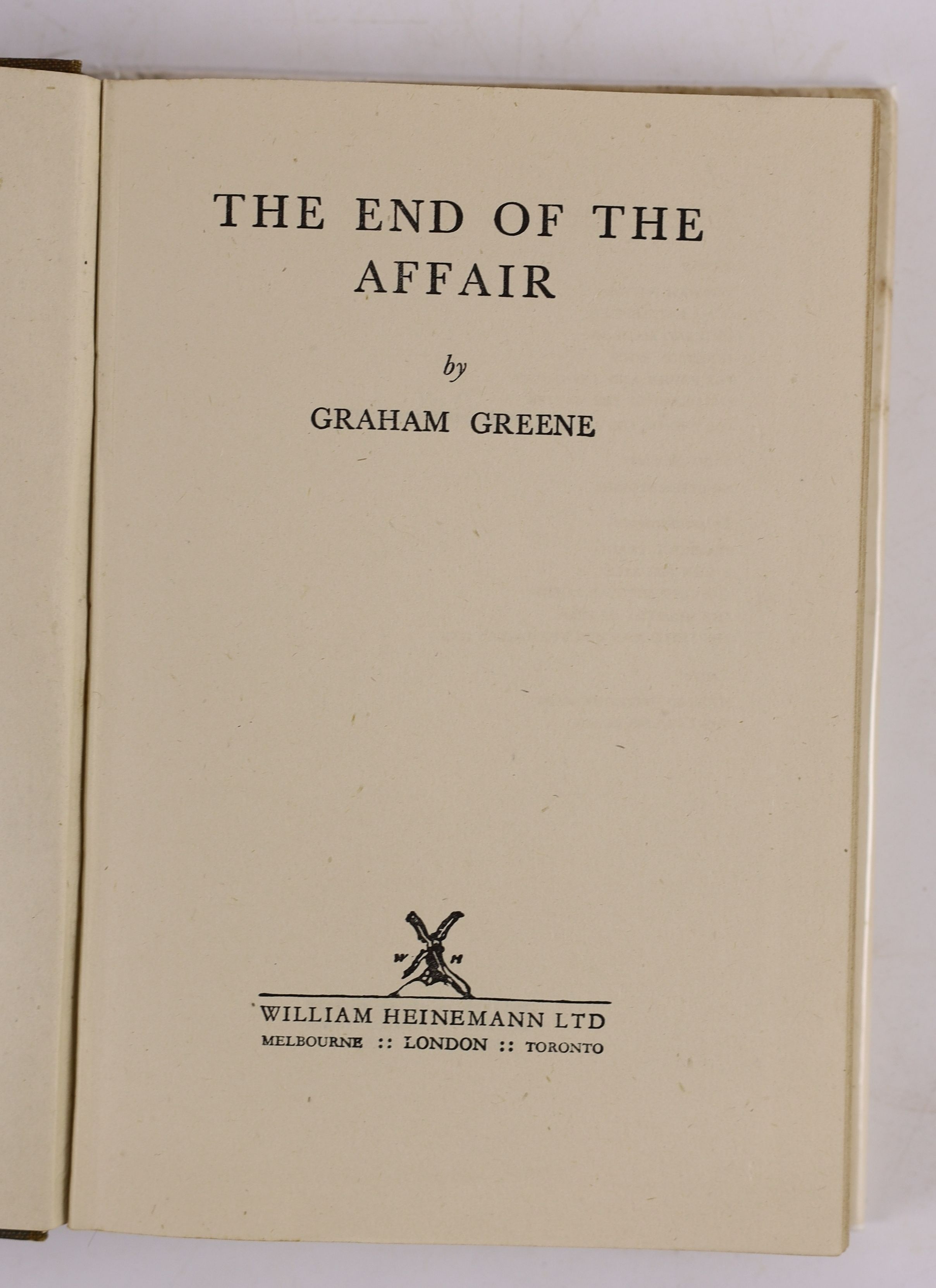 Greene Graham - The End of The Affair. 1st ed. original cloth with unclipped d/j. 8vo. William Heinemann Ltd, London, 1951.